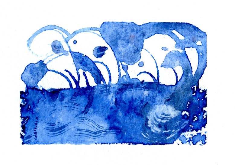 Blue watercolour evoking movement, breath and bodily forms